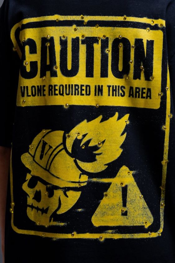 menn topp Vlone svart policy t-skjorte i rhinestone P608VV111